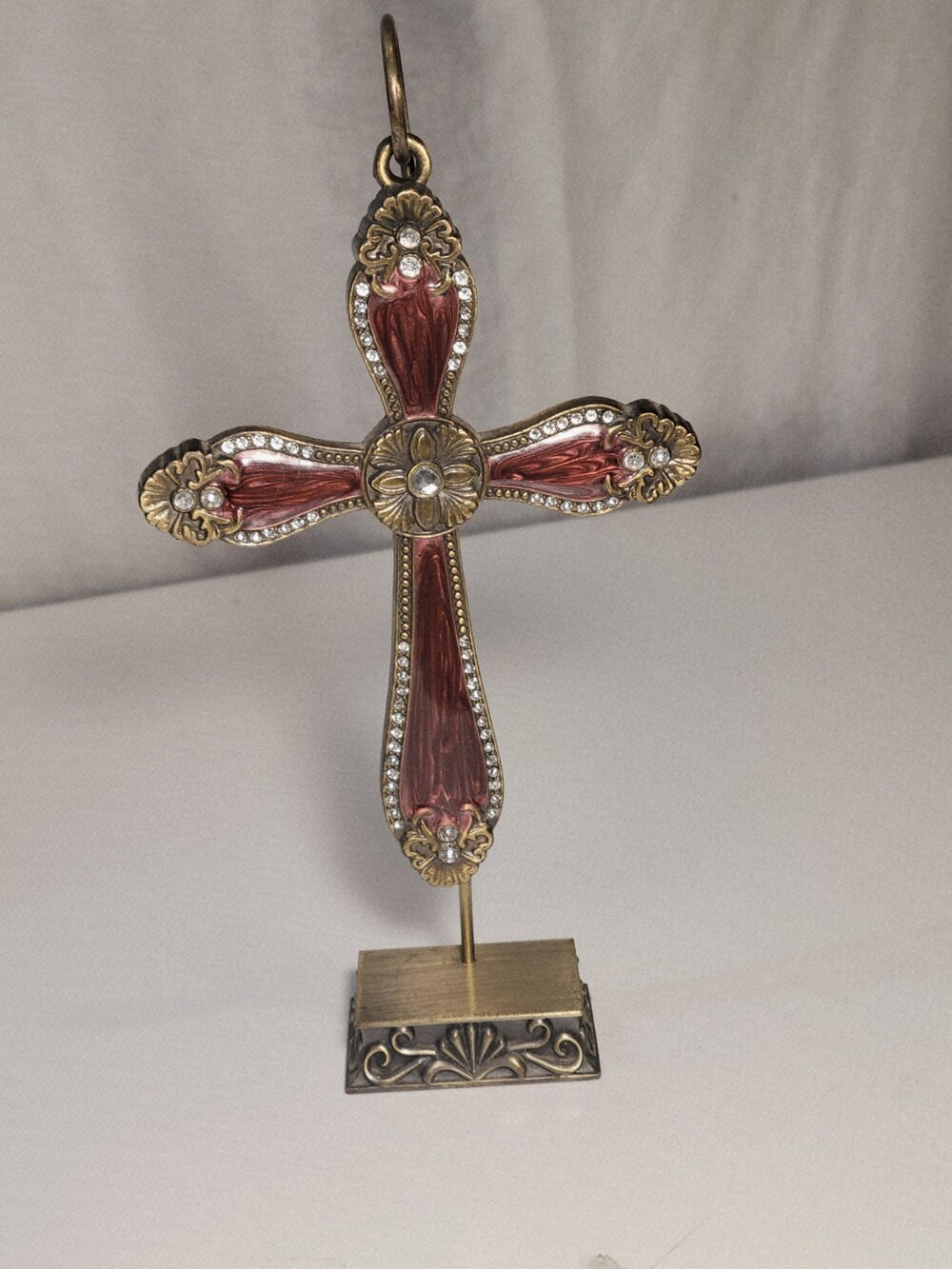 Vintage Style Ornate Red Enamel Rhinestone Cross Ornament on Metal Display Stand